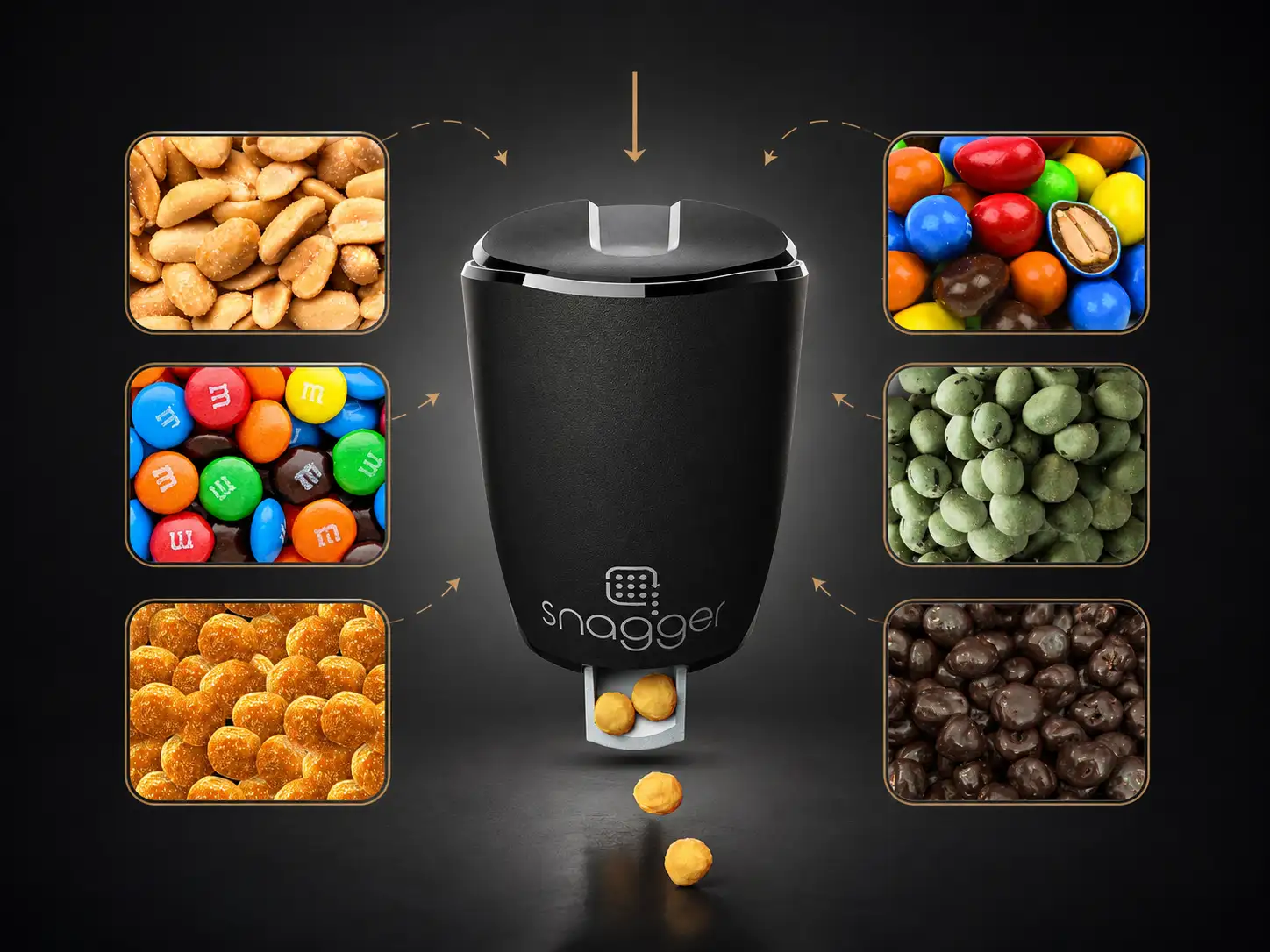 Snackauswahl für den SNAGGER – verschiedene Nüsse, Kerne und Schoko-Snacks