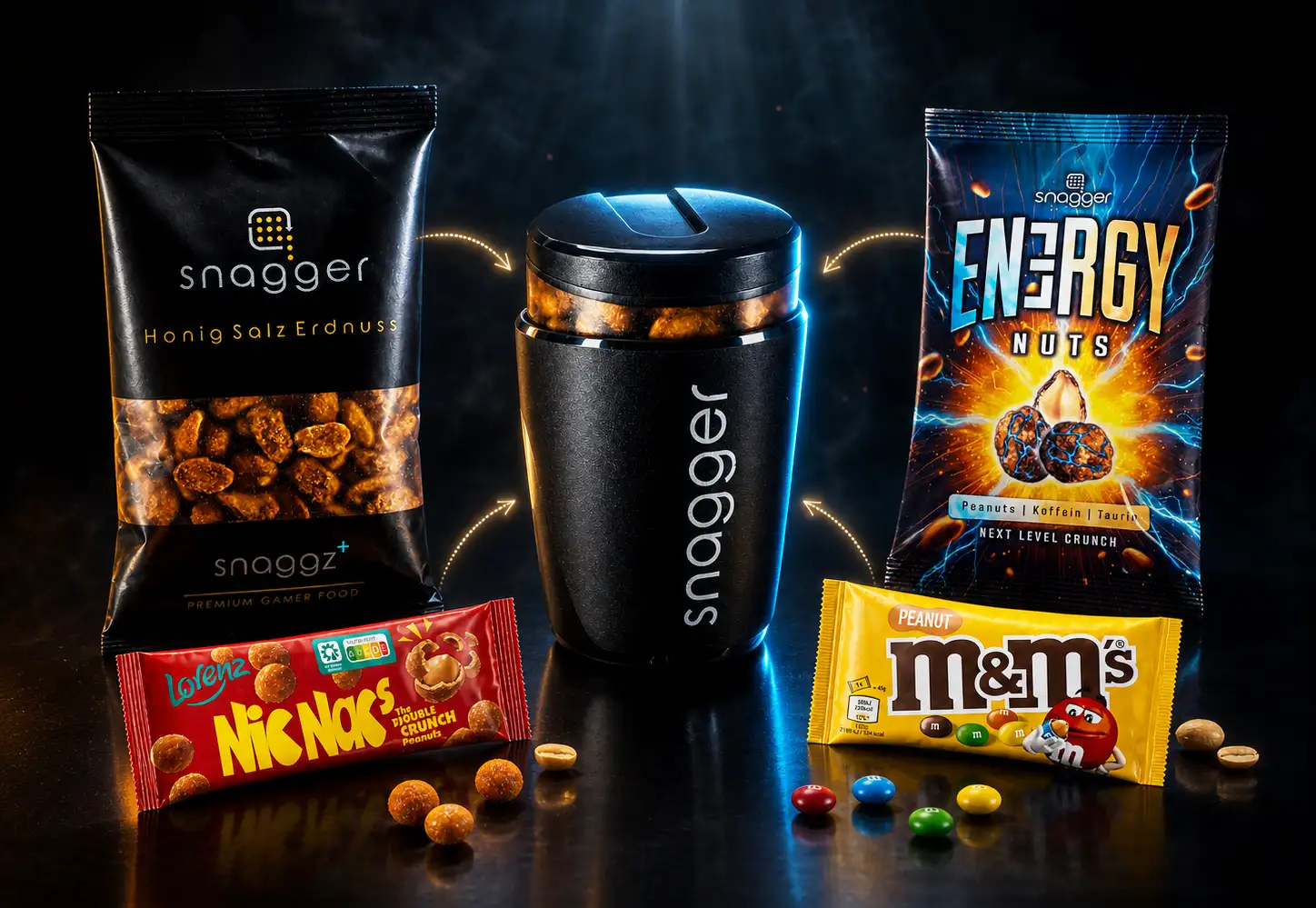 Snackbeispiele für den SNAGGER – Erdnüsse, NicNac's, M&M's, Energy Nuts