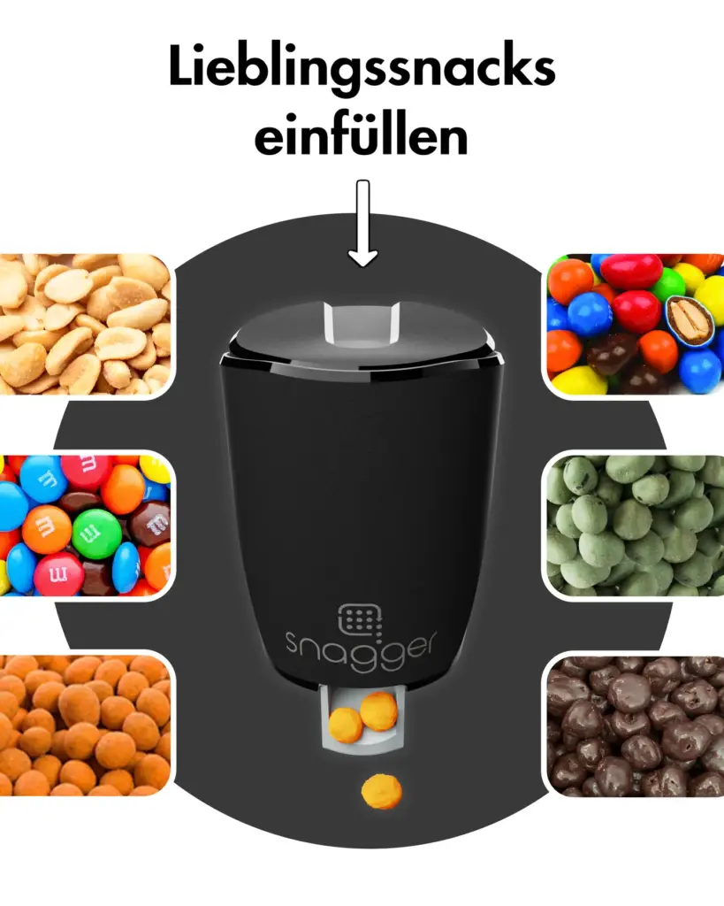 Wiederbefüllbarer SNAGGER für Erdnüsse, NicNac’s, Schokolinsen und weitere passende Snacks.