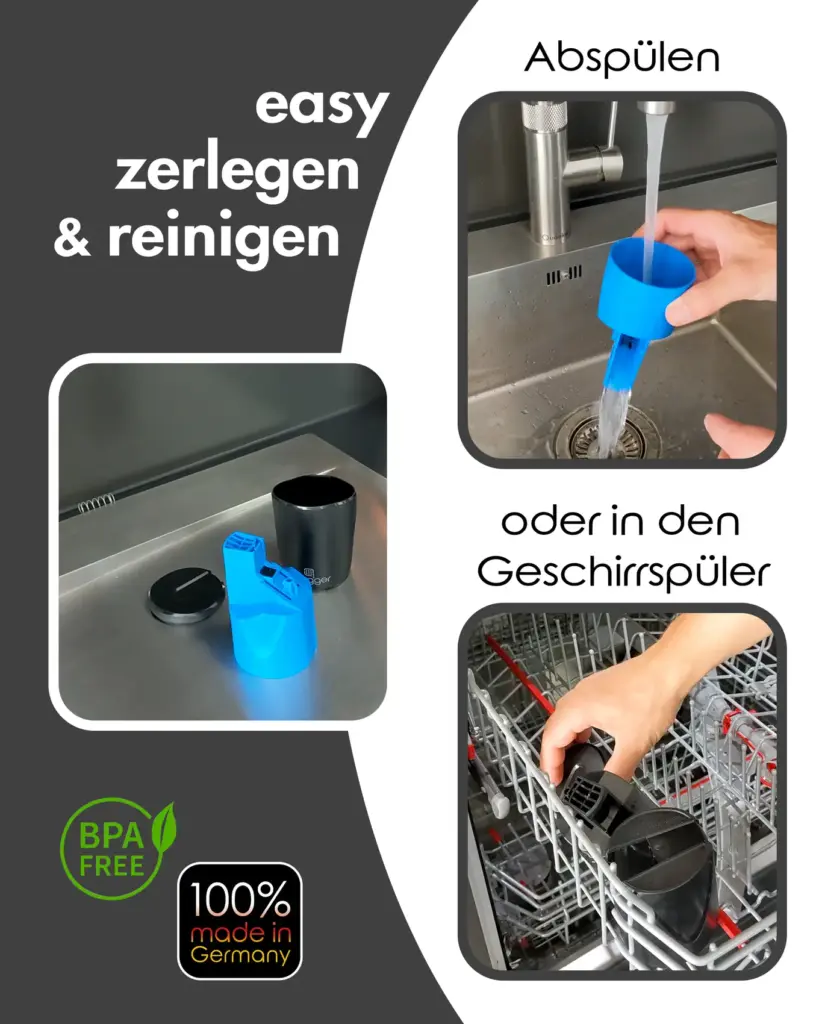 SNAGGER zerlegen und abspülen oder im Geschirrspüler bei maximal 50 °C reinigen.