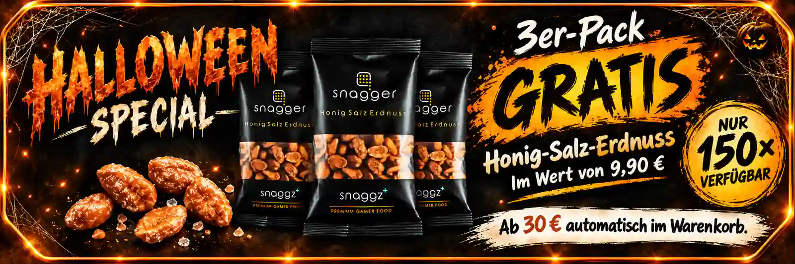 Halloween Special: 3er-Pack Honig-Salz-Erdnuss im Wert von 9,90 € gratis ab 30 € Bestellwert – automatisch im Warenkorb, nur 150× verfügbar